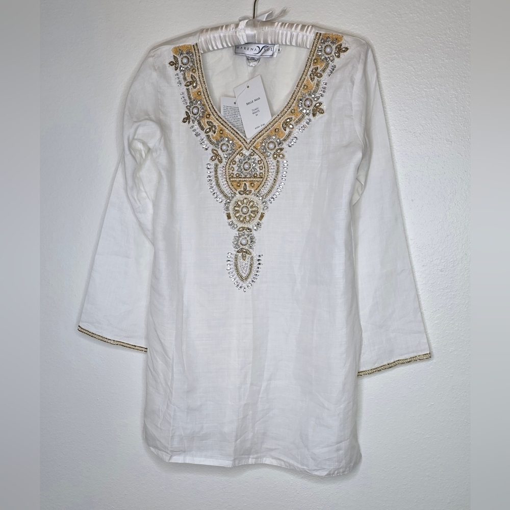 NEW Belle Mar Marena Sol White 100 %Linen Tunic Gold Pearl Beaded M - Picture 3 of 11